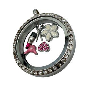 Origami Owl Round Silvertone Hairdresser Locket Rhinestones & Charms Hairdryer S